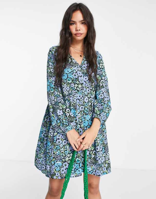 Monki - long sleeve dress in blue floral print