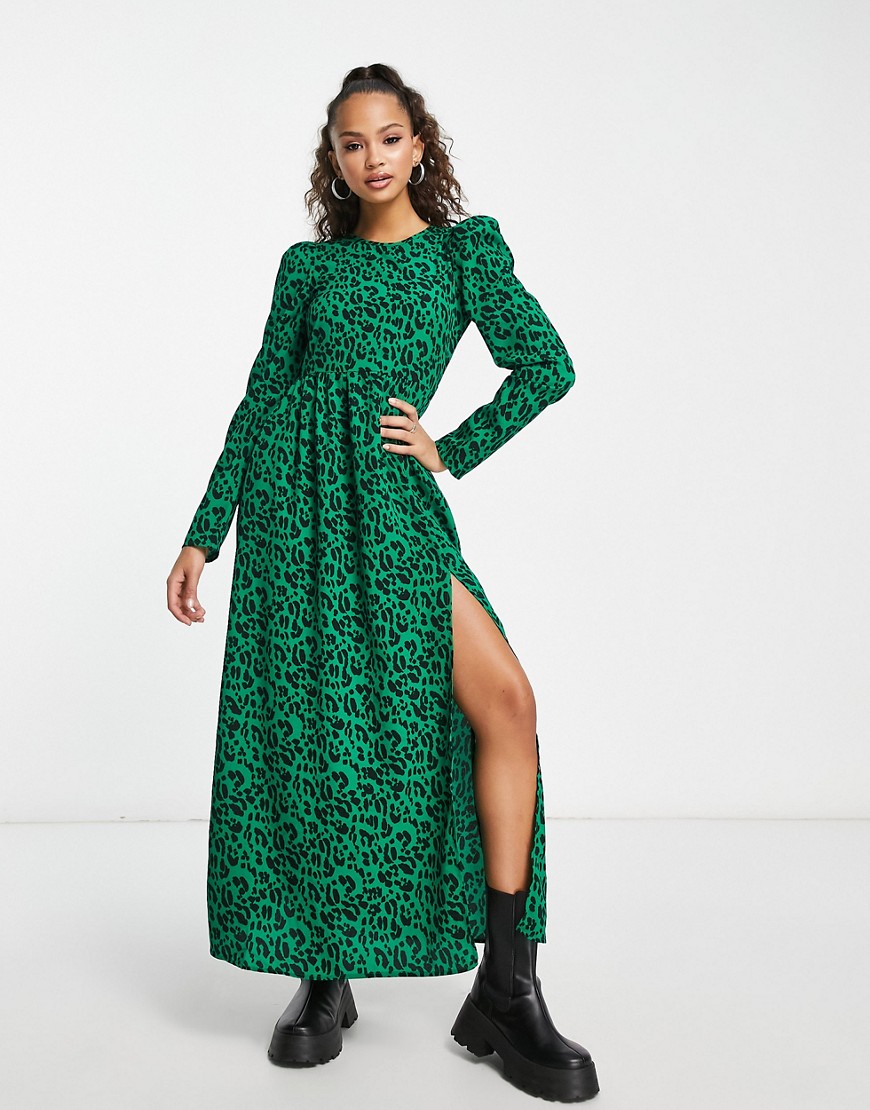 Monki Long Sleeve Dress In Green Leopard Print With Slit