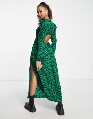 Monki long sleeve dress in green leopard print with slit | ASOS