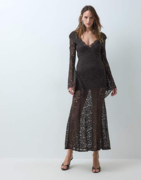Monki long sleeve fishtail maxi dress with sheer skirt in chocolate brown - view 1