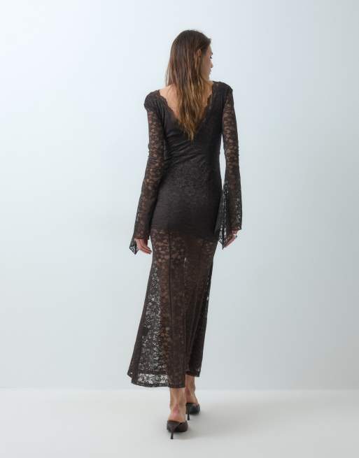 Monki long sleeve fishtail maxi dress with sheer skirt in chocolate brown, 4 of 4
