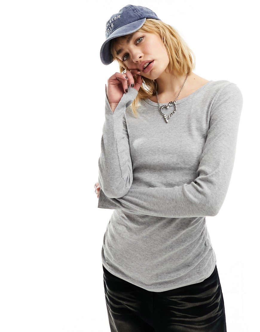 long sleeve fitted top in gray melange