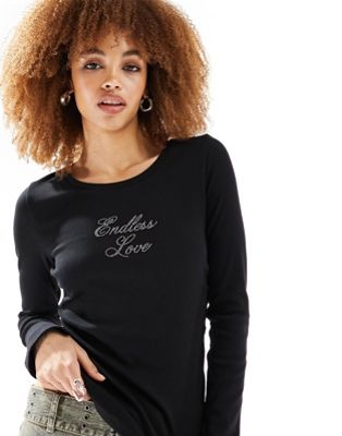 long sleeve fitted top with endless love crystal placement in black