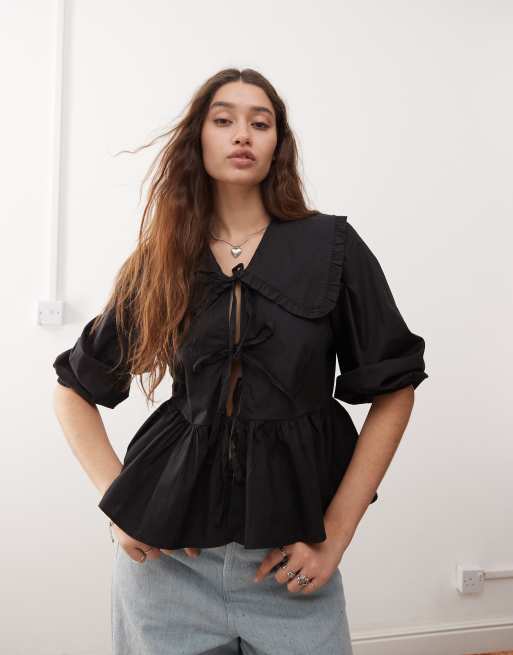 Monki long sleeve frill collared peplum blouse in black