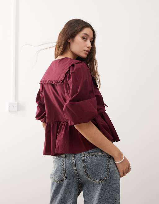 Monki long sleeve frill collared peplum blouse in burgundy