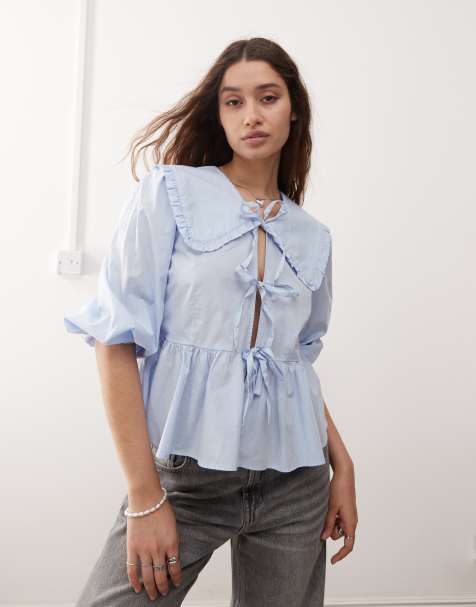 Monki long sleeve frill collared peplum blouse in light blue - view 1