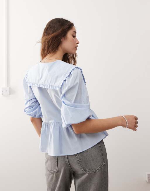 Monki long sleeve frill collared peplum blouse in light blue