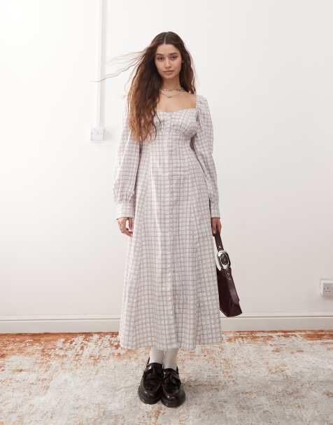 Monki long sleeve full length square neck dress in pink plaid - view 1