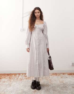 monki long sleeve full length square neck dress in pink plaid