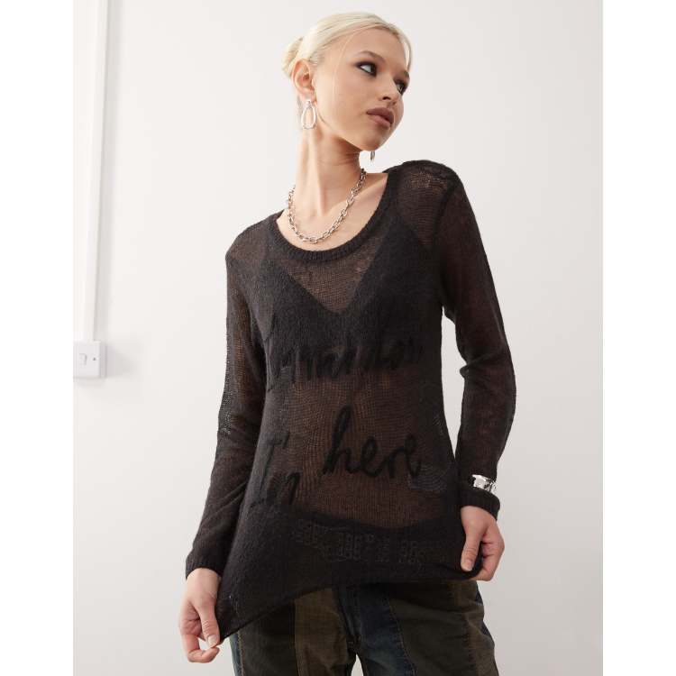 Monki long sleeve graphic sheer knit top in dark grey | ASOS