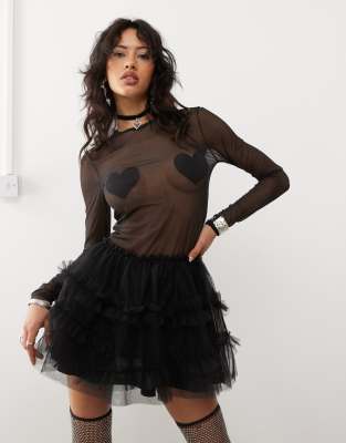 long sleeve heart detail mesh mini dress with tulle skirt in black