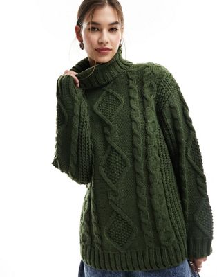 Monki Long Sleeve Heavy Knit Top In Dark Green