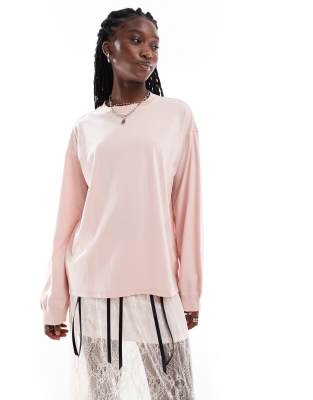 Monki long sleeve heavyweight oversized top in washed peach-Orange