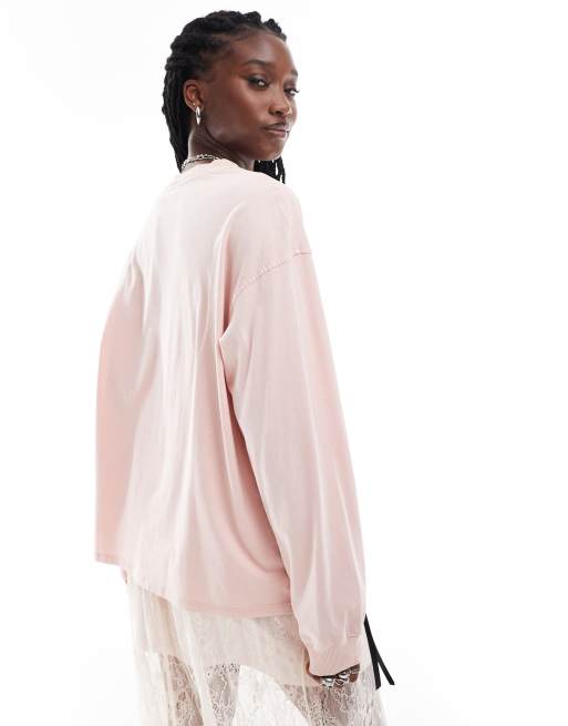 Monki long sleeve heavyweight oversized top in washed peach, 3 of 4