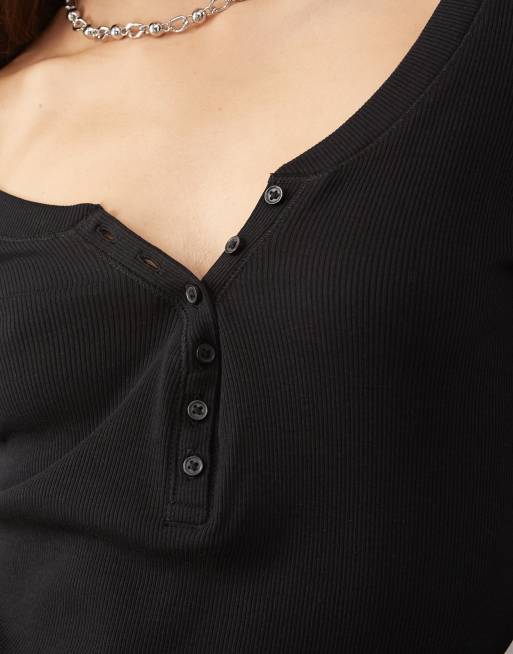 Monki long sleeve henley button neck top with flared sleeves in black, 3 of 4