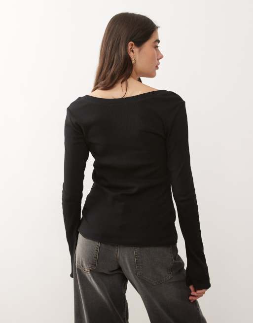Monki long sleeve henley button neck top with flared sleeves in black, 4 of 4