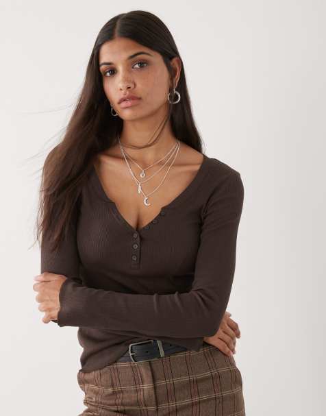 Monki long sleeve Henley button top with flared sleeves in dark chocolate brown - view 1