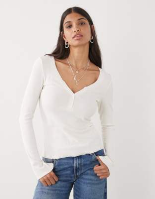 Monki Long Sleeve Henley Button Top With Flared Sleeves In White