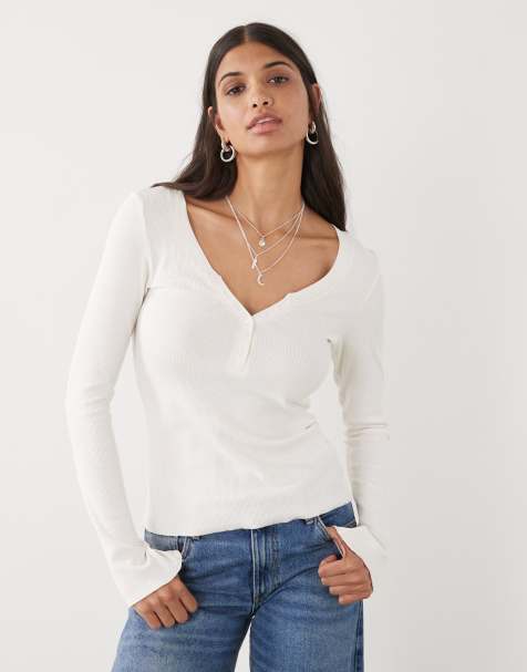 Monki long sleeve henley button top with flared sleeves in off white - view 1