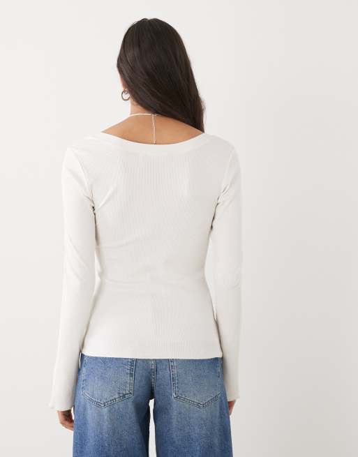 Monki long sleeve Henley button top with flared sleeves in off-white