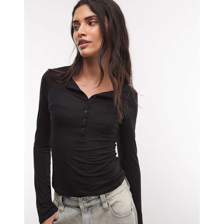 Monki long sleeve henley top in black | ASOS