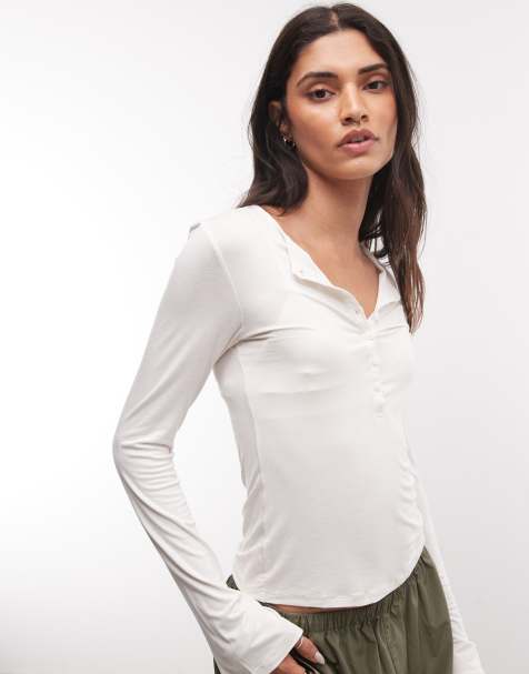 Monki long sleeve henley top in white - view 1