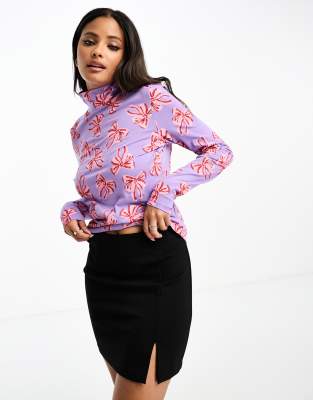 long sleeve high neck top in bow print-Multi