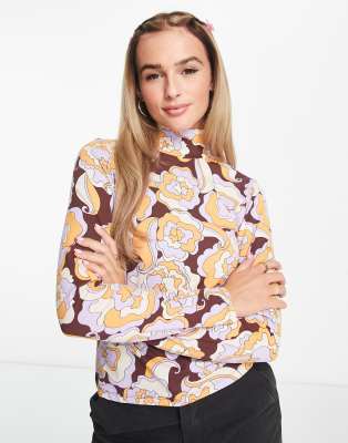 Monki Long Sleeve High Neck Top In Vintage Floral-multi