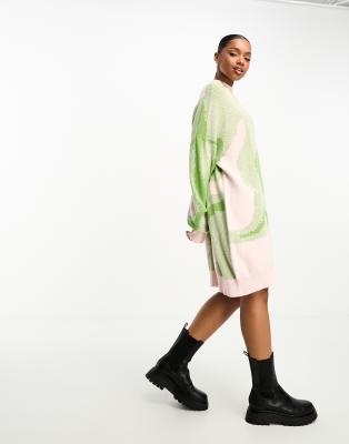 long sleeve jacquard knitted sweater dress in pink and green blur print-Multi