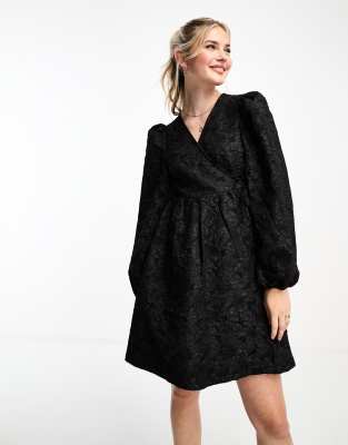 Monki long sleeve jacquard print mini dress in black