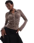 [Monki] Monki long sleeve jersey ruched shirt in brown snake print XS Brown snake print