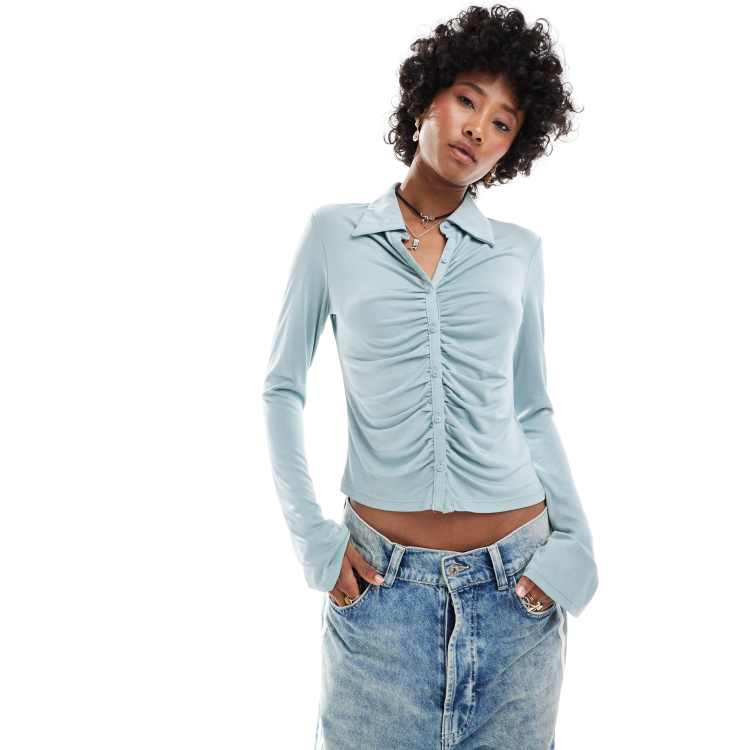 Monki long sleeve jersey ruched shirt in light dusty blue