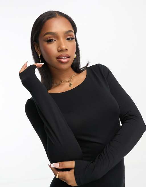 Monki long sleeve jersey scoop neck dress with side slit in black