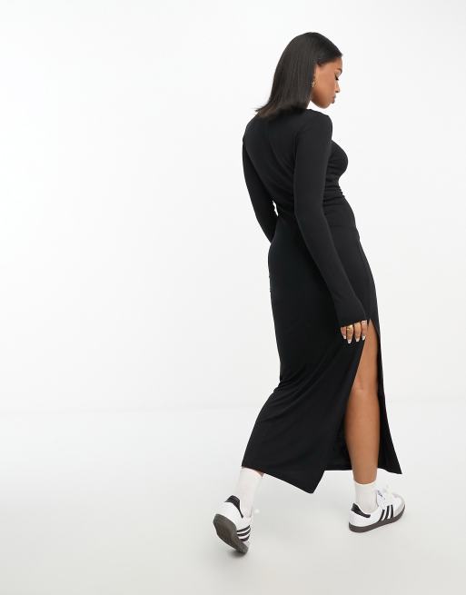 Monki long sleeve jersey scoop neck dress with side slit in black