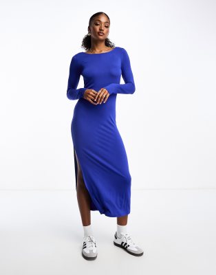 Monki long sleeve jersey scoop neck dress with slit side in bright blue