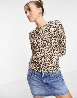 long sleeve jersey top in leopard print-Brown