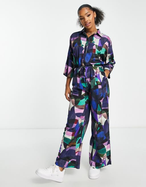 Monki long sleeve jumpsuit with collar in abstract print ASOS