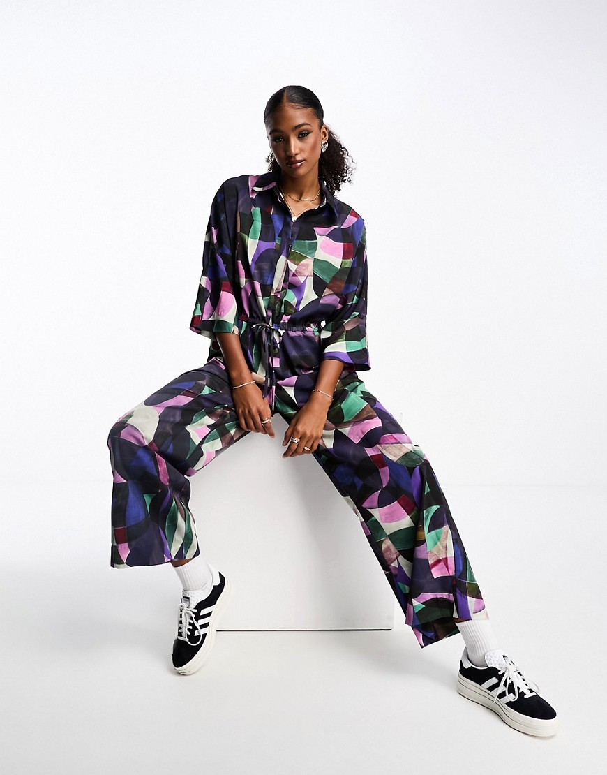 Monki Long Sleeve Jumpsuit With Collar In Abstract Print-multi
