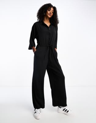 Monki Poplin Tie Waist Jumpsuit In Black