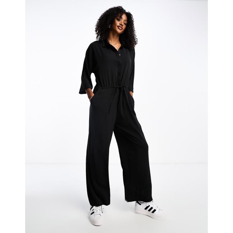 Monki long sleeve jumpsuit with collar in black | ASOS
