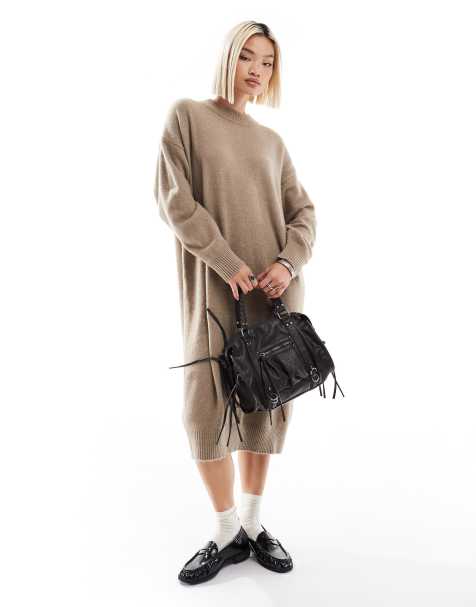 Monki long sleeve knit midi dress in beige - view 1