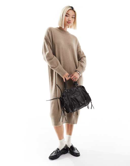 Monki long sleeve knit midi dress in beige