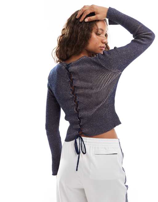 Monki long sleeve knit twist yarn top in navy