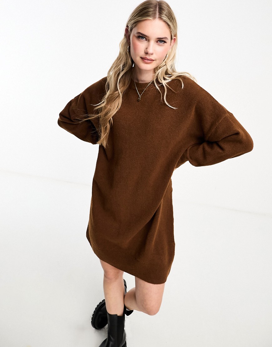 Monki long sleeve knitted jumper dress in brown