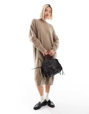 Monki Monki long sleeve knitted midi dress in beige-Neutral