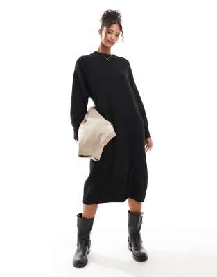 Monki Long Sleeve Knitted Midi Dress In Black