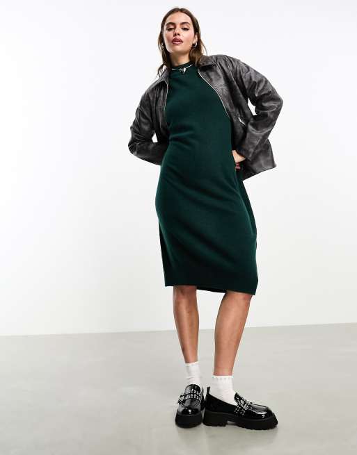 Monki long sleeve knitted midi dress in forest green