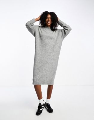 Monki long sleeve knitted midi dress in grey