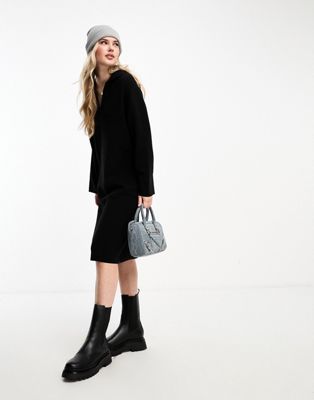 Monki long sleeve knitted midi dress with polo collar in black