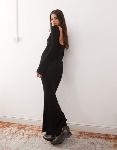 Monki long sleeve knitted slim fit maxi dress in black - view 1